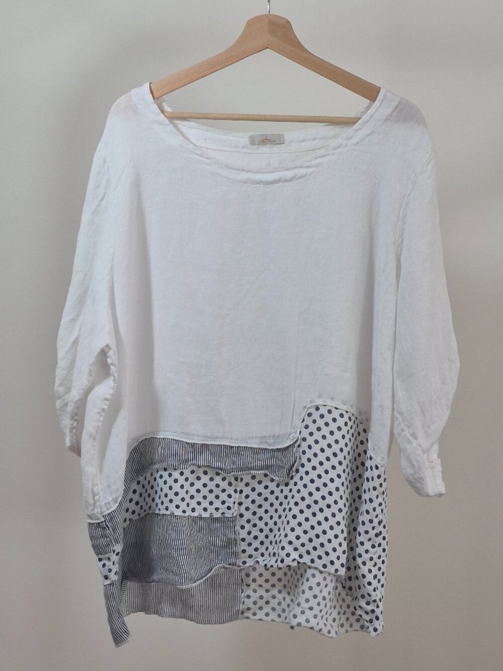 Made in Italy Tunic Top Women’s XL White Linen Feel Patchwork Polka Dot Lagenloo